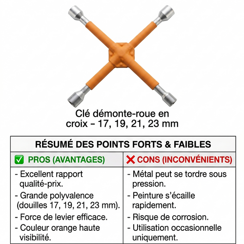Clé démonte-roue en croix universelle (17 à 23 mm) avec tableau résumant son rapport qualité-prix et ses limites d'utilisation.