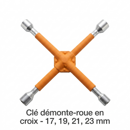 Clé démonte-roue en croix avec revêtement central orange, douilles de 17, 19, 21 et 23 mm sur fond blanc