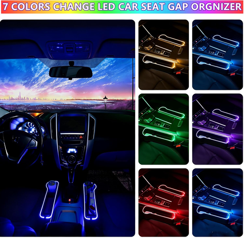 Boîte de rangement multifonctionnelle pour l'espace entre les sièges de voiture, avec lumière LED