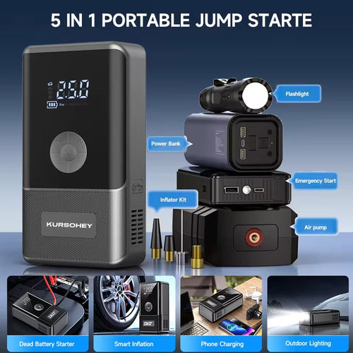 Booster de Batterie 12V avec Compresseur d'Air Intégré - Démarreur 4-en-1